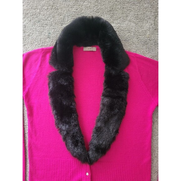i.e. Button Hotpink Long Sleeves Cardigan Sweater Removeable Faux Fur Colar Sz L - Picture 2 of 10